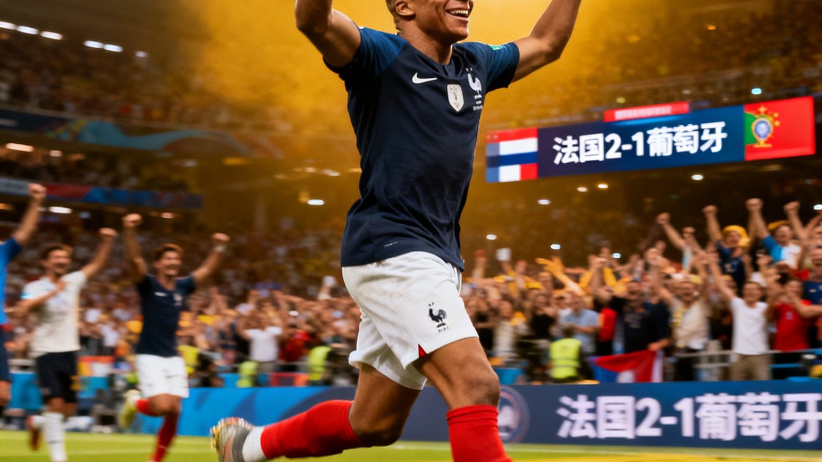 法国2-1葡萄牙赛后战报配图，姆巴佩梅开二度庆祝